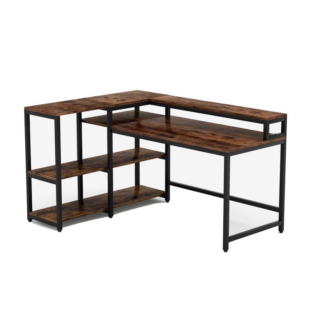 BYBLIGHT 55 in. L-shaped Brown Reversible Computer Desk with Shelves ...