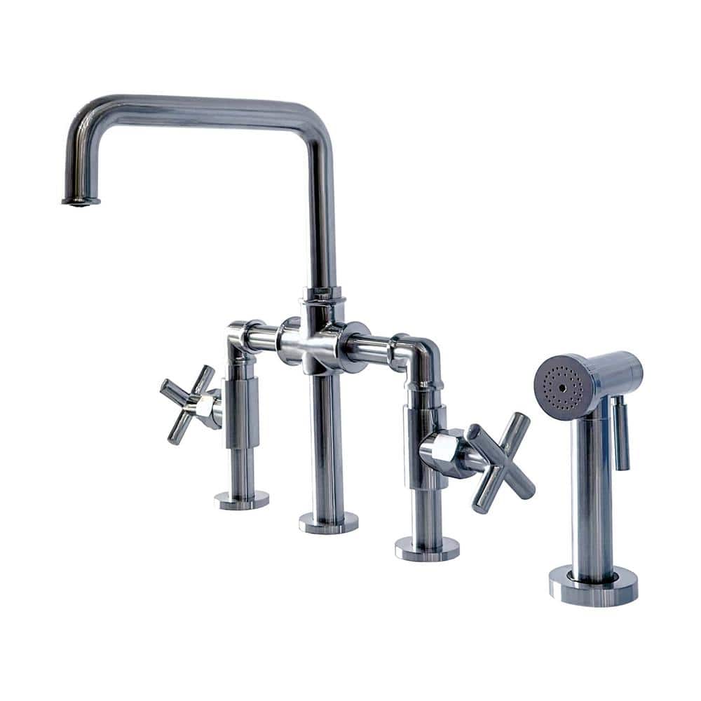 Highland Double Handle Bridge Kitchen Faucet with Side Spray in Polished Ch