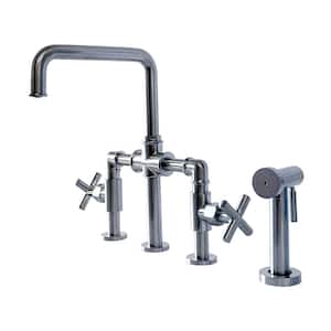 Highland Double Handle Bridge Kitchen Faucet with Side Spray in Polished Chrome