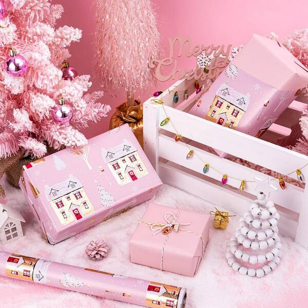 Angel Sar 17 in. x 33 ft. Christmas Wrapping Paper Pink House and Solid Pink Design Roll for Chrsitmas Holiday Party Celebration MW88KY73 The Home Depot
