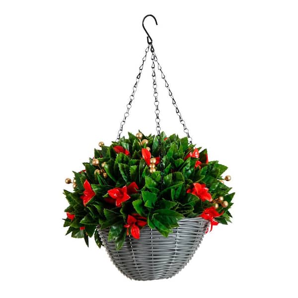 24 in. Pre-Lit UV Resistant Faux Red Tip Photinia & Gold Berries Christmas Hanging Basket with 34-Warm White LED Lights