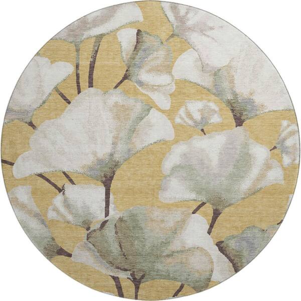 Mayfield Premium Machine Washable Abstract AMF2405 Gold 8 ft. x 8 ft. Round Rug