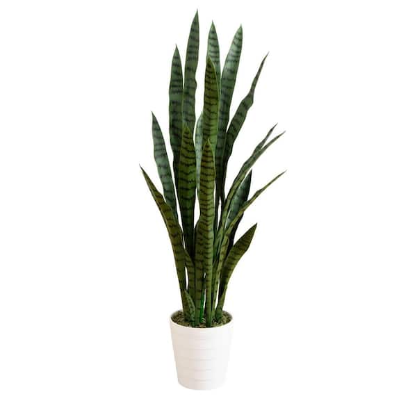 4 ft. UV Resistant Artificial Sansevieria Plant in White Decorative Planter (Indoor/Outdoor)