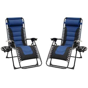 Black Frame Blue and Black Patio Premier Padded Gravity Foldable Chairs with Foot Cover and Big Cupholder (2-Pack)