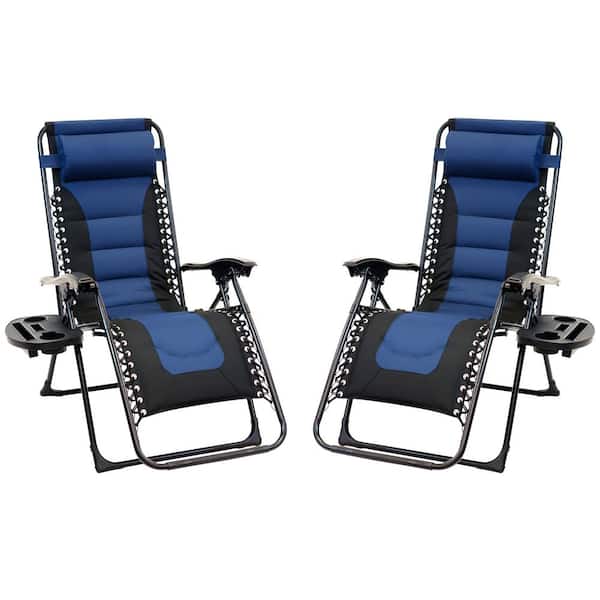 Patio Premier Black Frame Blue and Black Patio Premier Padded Gravity Foldable Chairs with Foot Cover and Big Cupholder (2-Pack)