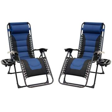 Patio Premier Black Frame Blue and Black Patio Premier Padded Gravity Foldable Chairs with Foot Cover and Big Cupholder (2-Pack) 243079PBB