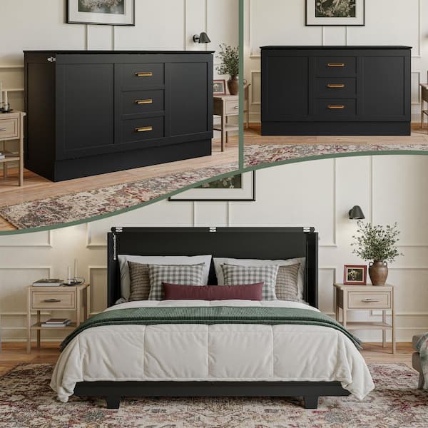 Charleston Black Wood Frame Queen Murphy Bed Chest with 6 in. Mattress