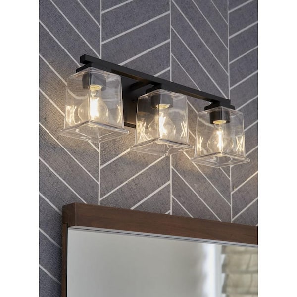 Progress Lighting Gilmour Collection 20 in. 3-Light Matte Black Craftsman Vanity Light with Clear Glass Shades for Bath and Vanity