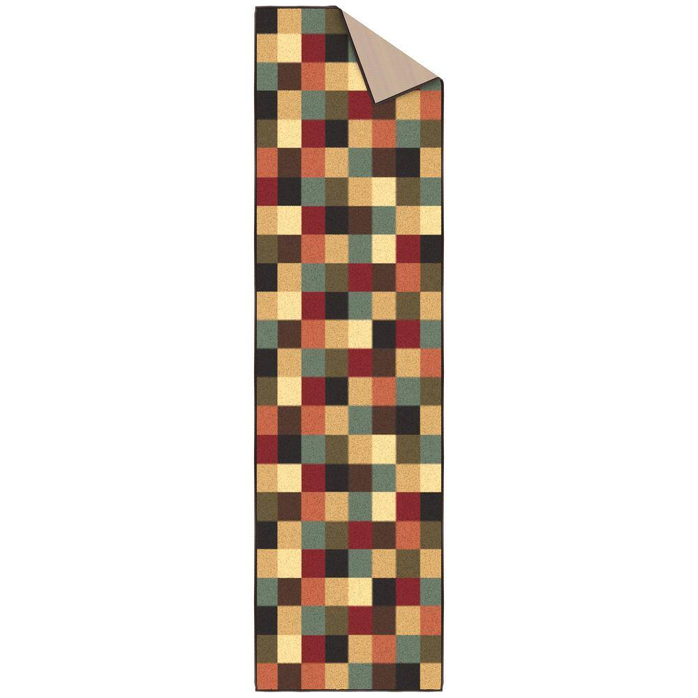 Contemporary Checkered Multicolor Low Pile Runner Rug, 84"L x 22"W