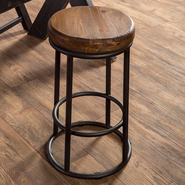 Cairn Farmhouse 24 in. H Black+Brown Backless Metal Counter Barstool with Wood Seat (Set of 1)