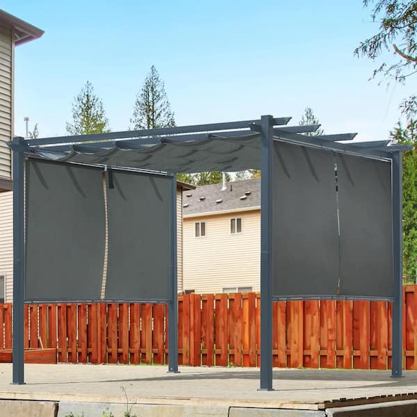 Aoodor 10 ft. x 10 ft. Gray Aluminum Frame Patio Pergola with Gray Retractable Shade Top Canopy and 4-Pieces Roller Shade