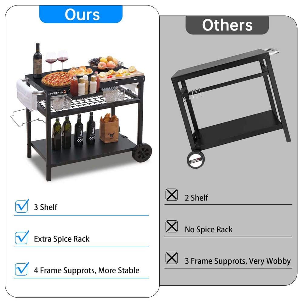 Black Steel Three-Shelf Outdoor Grill Cart with Wheels