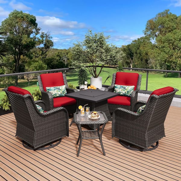 JOYSIDE 6-Piece Wicker Patio Conversation Set with All-Weather Swivel Rocking Chairs Red Cushions