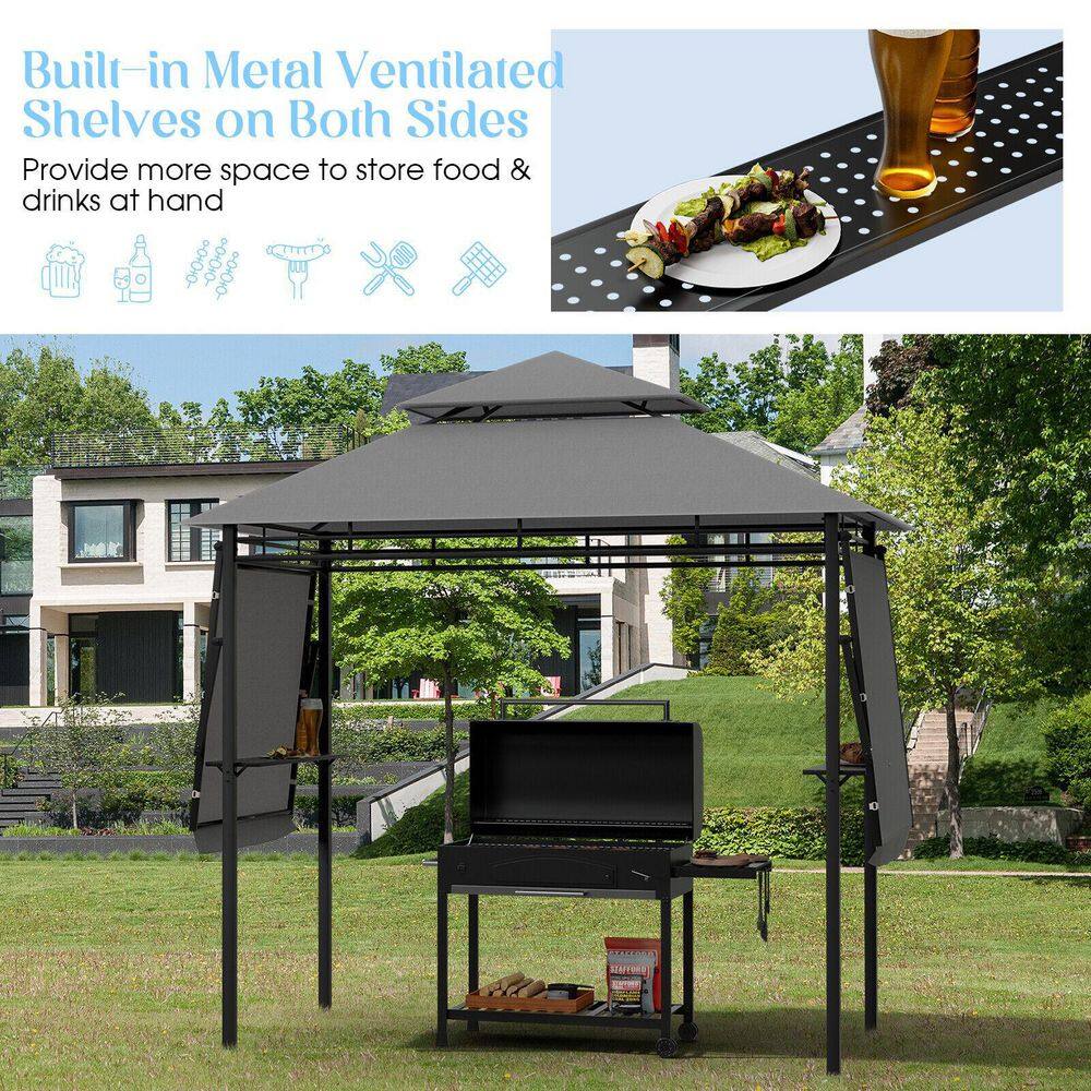 Gray Steel Outdoor BBQ Grill Gazebo with Dual Side Awnings