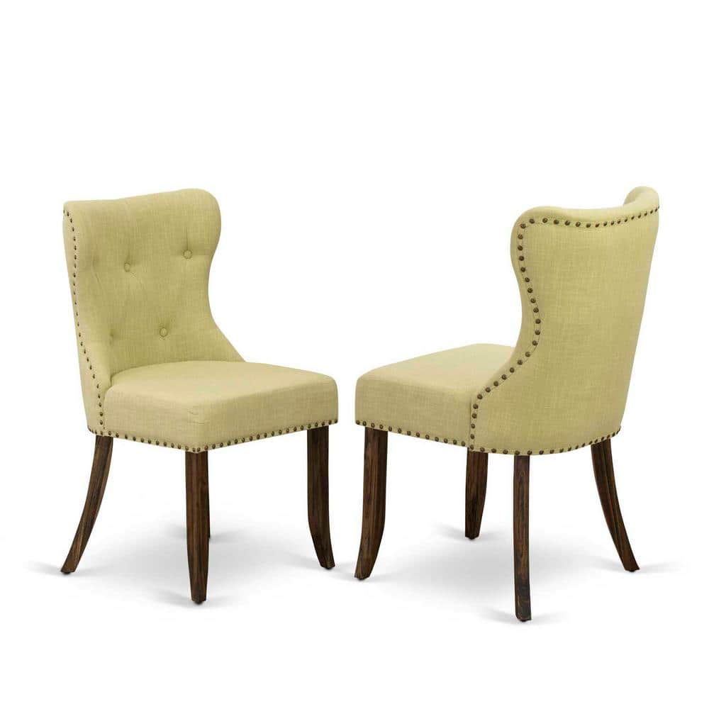 Distressed Jacobean Finish Round Pedestal Dining Table with Beige Linen Chairs