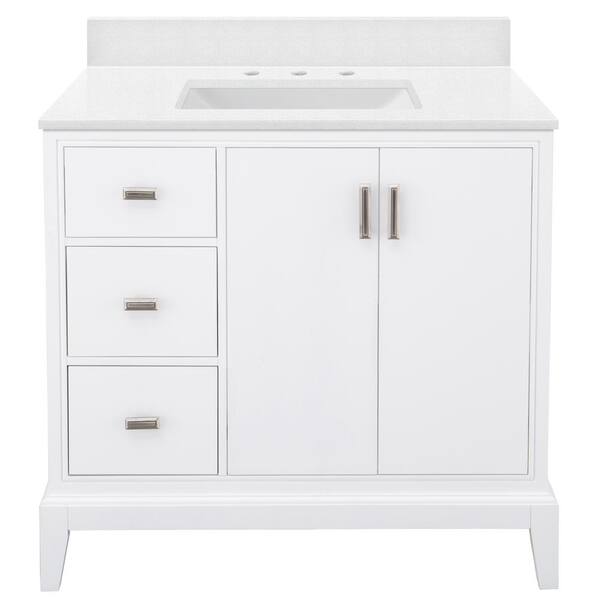 Home Decorators Collection Shaelyn 37 in. W x 22 in. D Bath Vanity in White LH with Engineered Marble Vanity Top in Snowstorm with White Sink