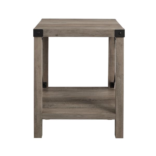 Walker Edison Furniture Company Urban Industrial 18 in. Grey Wash Square Metal X Accent Side Table with Lower Shelf
