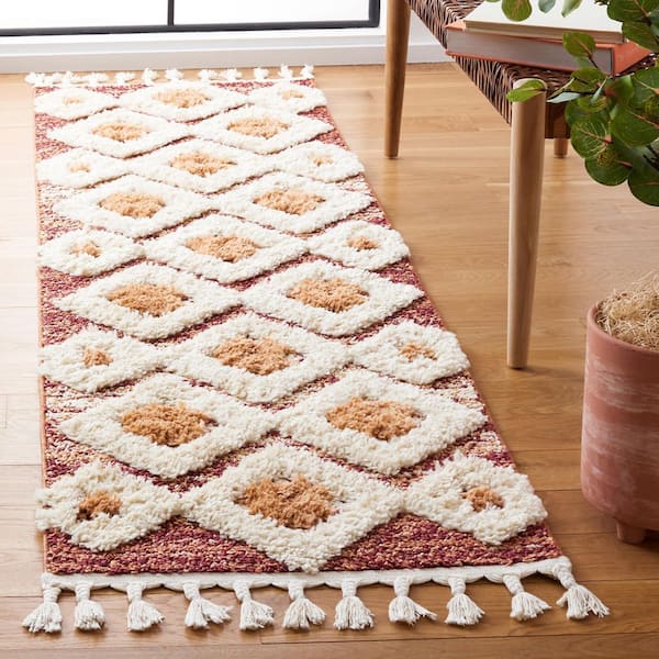Moroccan Tassel 2 ft. x 8 ft. Rust/Ivory Geometric Runner Rug