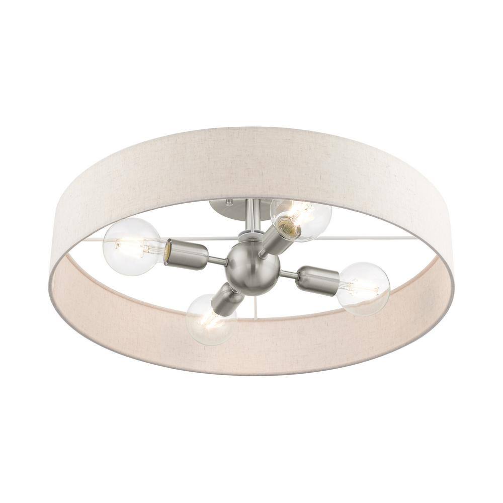 Elegant Brushed Nickel 4-Light Semi-Flush Drum with Oatmeal Fabric Shade