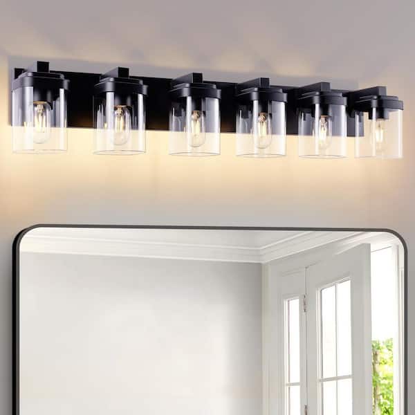 38 in. 6-Light Matte Black Vanity Light Farmhouse Style Wall Sconce with Clear Glass Shades for Bathroom Mirror, Vanity