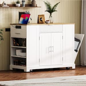 White Wood Tabletop 48.5 in. Kitchen Island on 5 Wheels with Trash Can Storage Cabinet, 3 Drawers&3 Open Side Racks