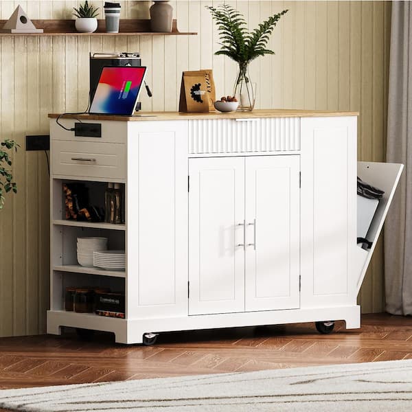Cesicia White Wood Tabletop 48.5 in. Kitchen Island on 5 Wheels with Trash Can Storage Cabinet, 3 Drawers&3 Open Side Racks