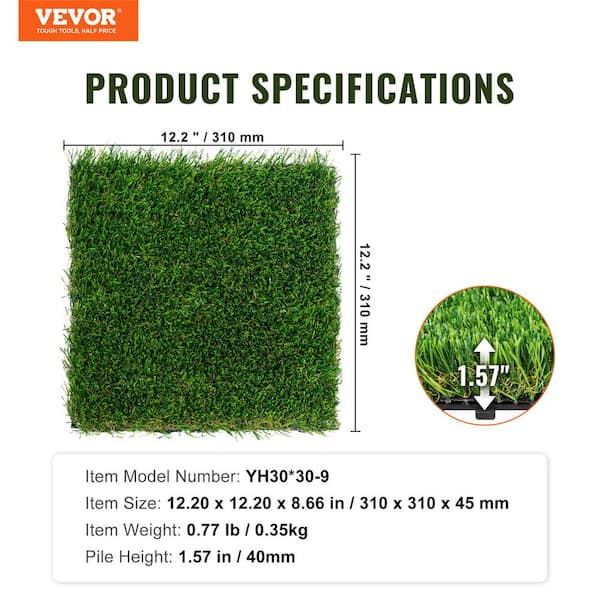 VEVOR Artificial Grass Tiles Turf Deck Set 12 x 12 in. Synthetic Fake Grass Artificial Grass Interlocking Tiles (9 Pack) Green