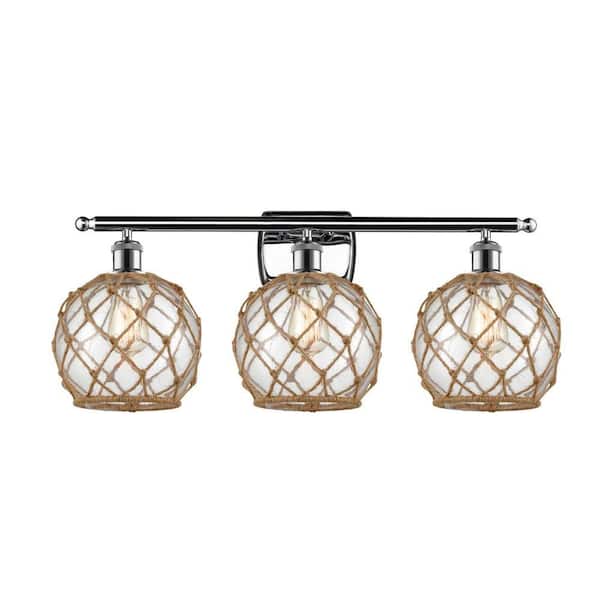 Farmhouse Rope 26 in. 3-Light Polished Chrome Vanity Light with Glass Shade