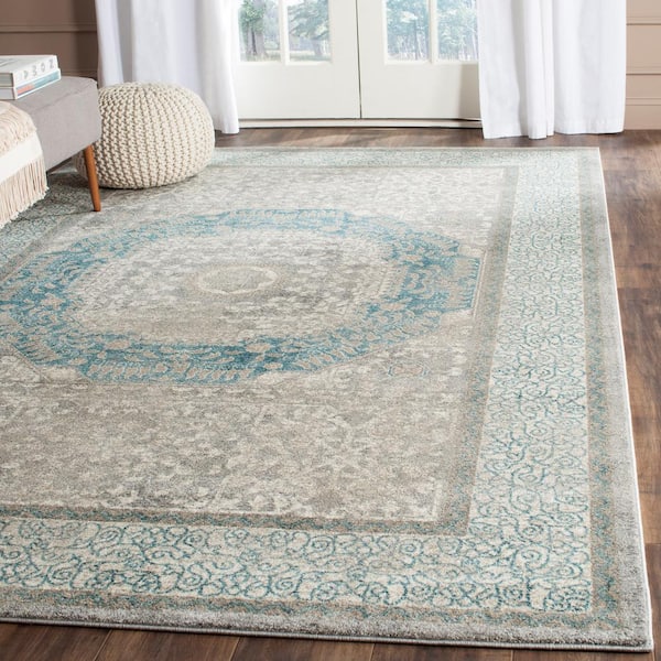 Sofia Light Gray/Blue 7 ft. x 7 ft. Square Border Area Rug