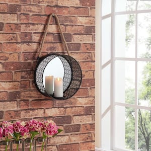 Round Filigree Black Metal Wall Candle Sconce with Mirror