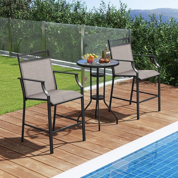 Metal Heavy-Duty Outdoor Bar Stool with Footrest and Armrests Set of 2-Coffee