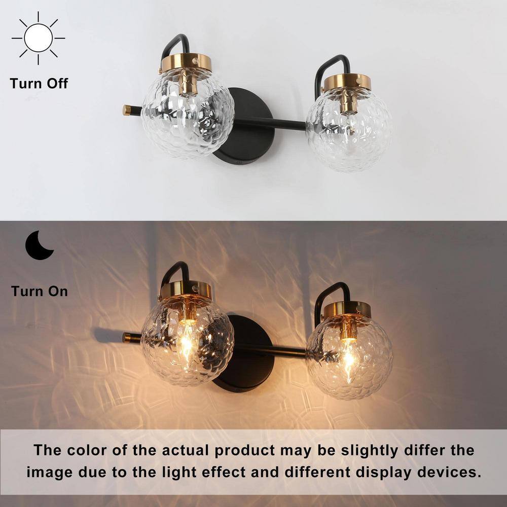 Astrid 15" Black and Gold Ripple Glass 2-Light Vanity Fixture