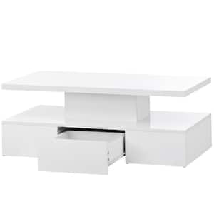 39.3 in. White 2-Tier Rectangle Glossy Particle Board Top Coffee Table with Drawer and LED Lighting