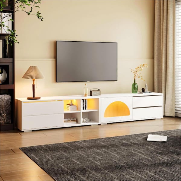 Nestfair 94.4 in. White Free-Combination TV Stand Fits TVs up to 100 in. with Sliding Door 2-Drawers and LED Light