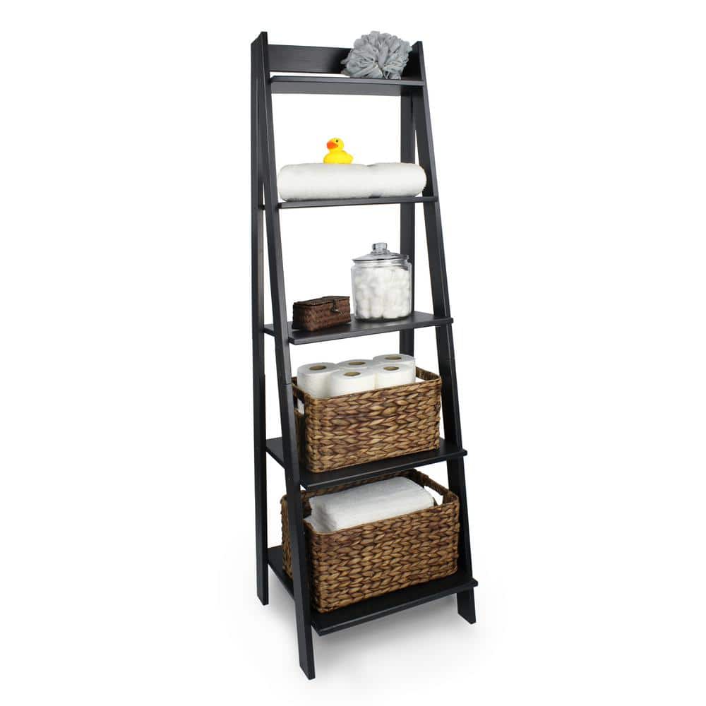 Sleek Black Solid Wood 5-Shelf Freestanding Ladder Bookcase