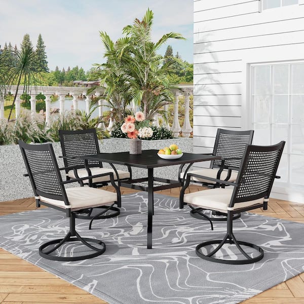 Clihome 5-Piece Metal Outdoor Dining Set with 4-Swivel Chairs and Square Table, Random Umbrella, Umbrella Hole, Rust-Resistant
