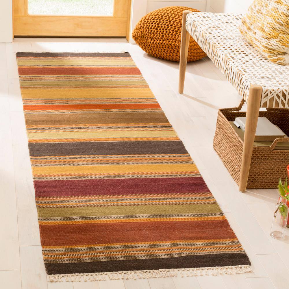 Handwoven Red and Gold Striped Wool Runner Rug