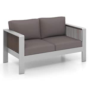 Metal Outdoor Loveseat Sofa with Thick Back and Seat Gray Cushions