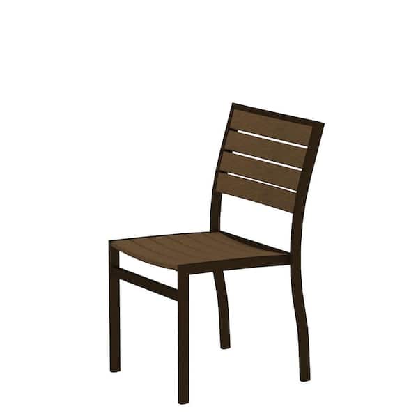 POLYWOOD Euro Textured Bronze Patio Dining Side Chair with Teak Slats