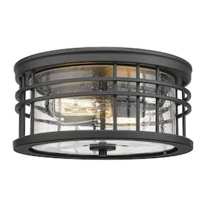 12 in. 2-Light Black Transitional Flush Mount with Frosted Glass Shade and No Bulbs Included
