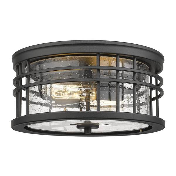 JAZAVA 12 in. 2-Light Black Transitional Flush Mount with Frosted Glass ...