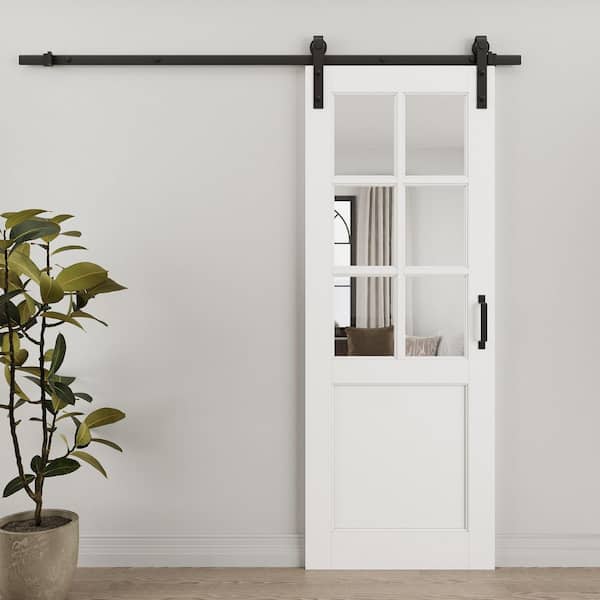 30 in. x 80 in. 6 Lite Tempered Clear Glass White Primed MDF Sliding Barn Door with Hardware Kit