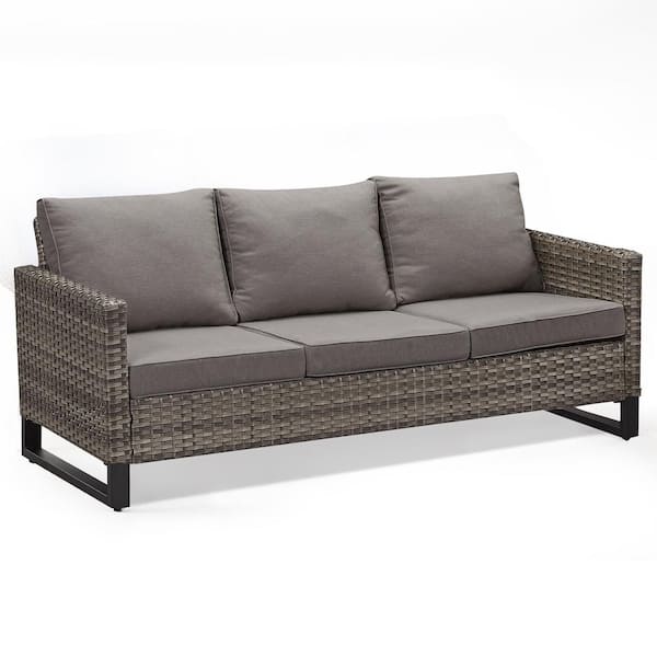 Gray Wicker Outdoor Couch, Rattan Wicker 3-Seat Sofa High Back Couch with Gray Cushions for Garden Backyard