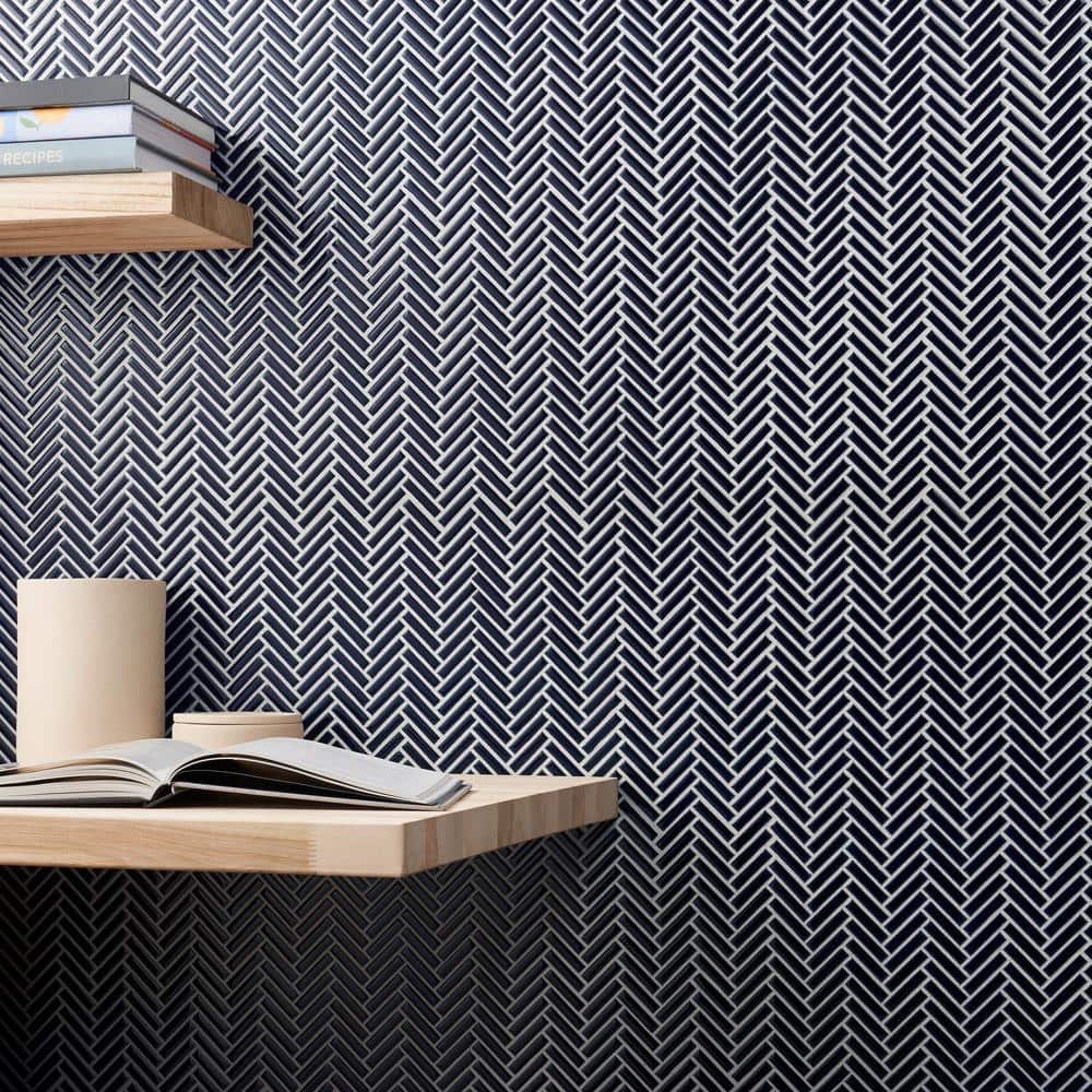 Royal Blue Glossy Porcelain Herringbone Mosaic Tile 11.14 in. x 11.14 in.