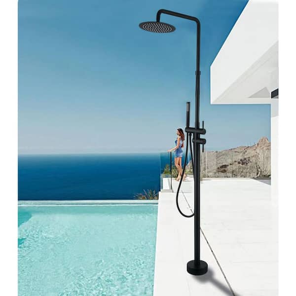 2-Handle Outdoor Freestanding Shower Faucet Kit 1.8 GPM Floor Mount Stainless Steel Shower Kit w/ Hand Shower in Black