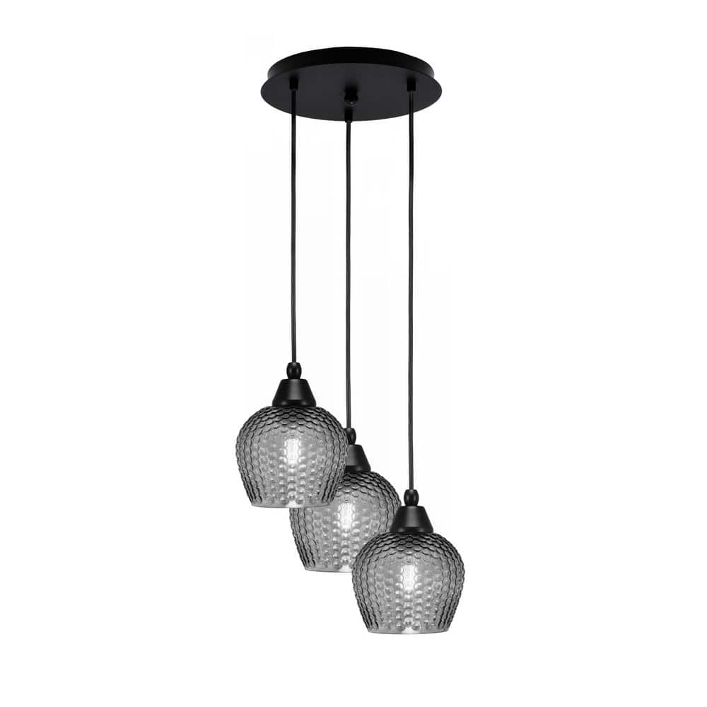 Savannah 9 in. 3-Light Matte Black Cord Pendant Light Smoke Textured Glass 