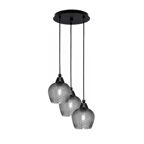 Unbranded Savannah 9 in. 3-Light Matte Black Cord Pendant Light Smoke Textured Glass Shade