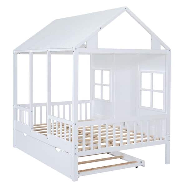 White Wood Frame Full Size Platform Bed with Twin Size Trundle