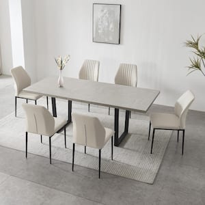 7-Piece Set of 6 White Chairs and Retractable Dining Table, Dining Table Set, Dining Room Set with 6 Modern Chairs