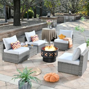 Sanibel Gray 6-Piece Wicker Outdoor Patio Conversation Sofa Set with a Wood-Burning Fire Pit and Light Gray Cushions